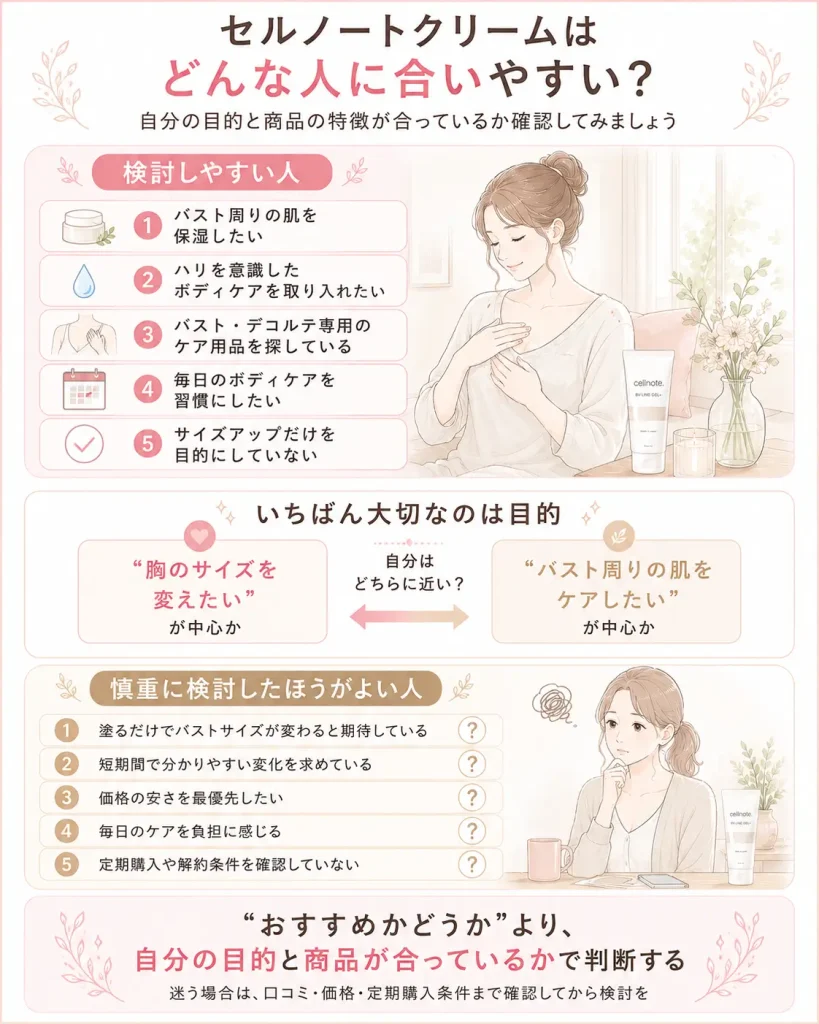 セルノートクリームを検討しやすい人／慎重に検討したほうがよい人